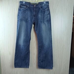Helix Jeans Mens Size 36x34 Bootcut Blue Denim Whiskered Distressed. 